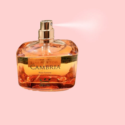 Perfume bottle labeled 'Cambria' on a pink background at best price online
