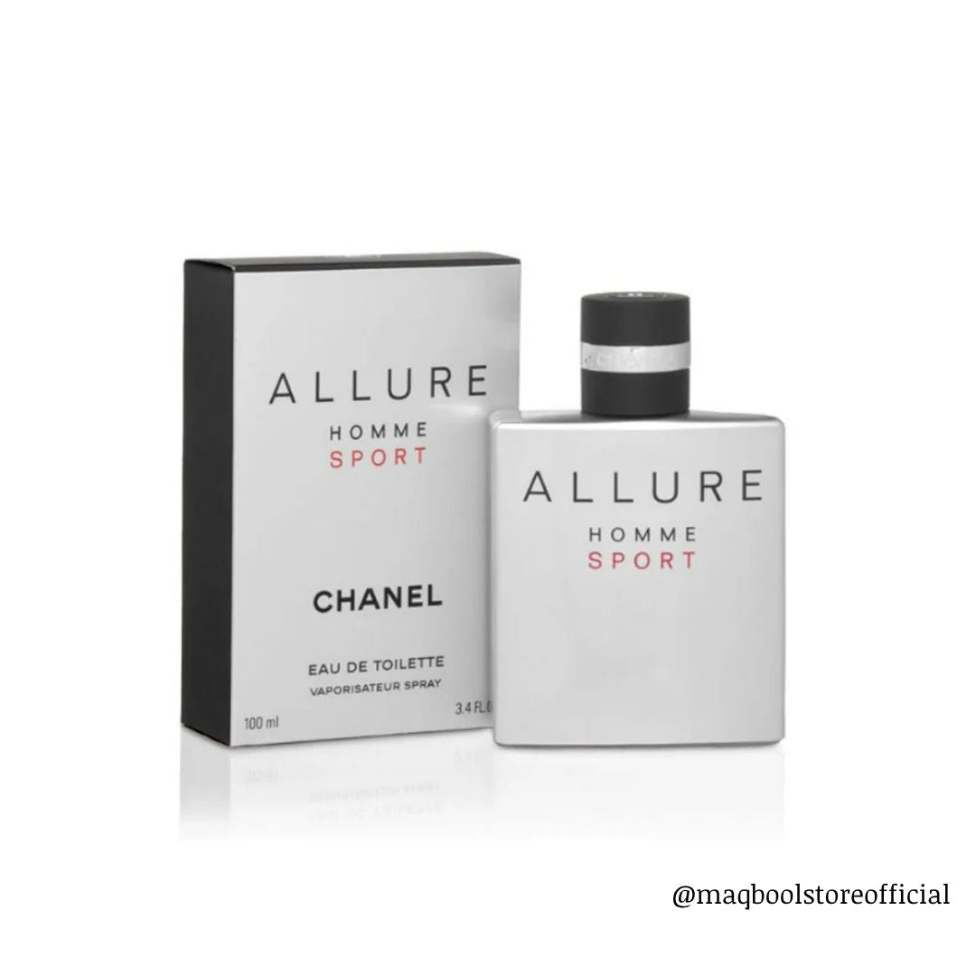 original Chanel Allure Homme Sport perfume bottle and packaging on a white background
