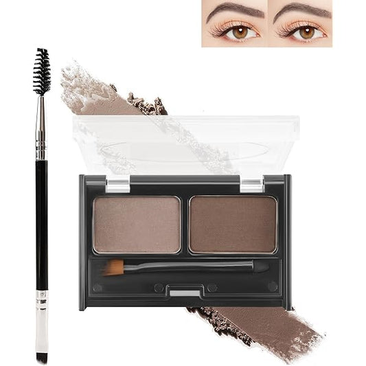 Eyebrow product set with two brown shades, a brush, and an inset showing eye makeup application.