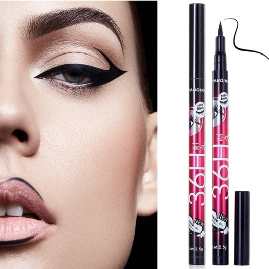 Eyeliner with a close-up of a woman's eye wearing it, and two eyeliner products on a white background.