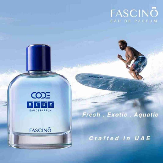 Fascino Eau de Parfum bottle with a person surfing in the background at best price online