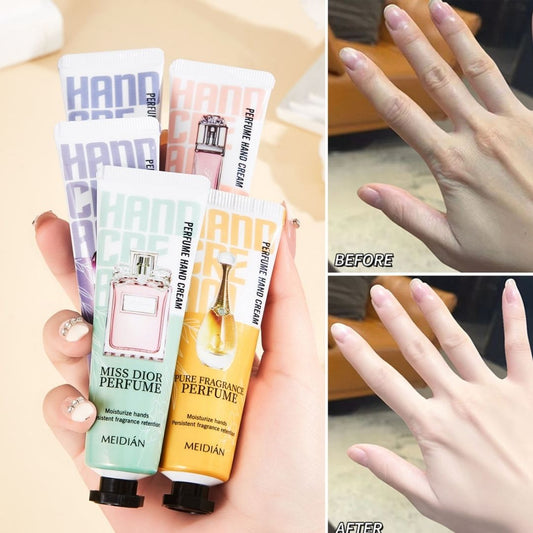 Hand cream tubes with 'MEIDI®' branding, showing 'Before' and 'After' hand comparison.
