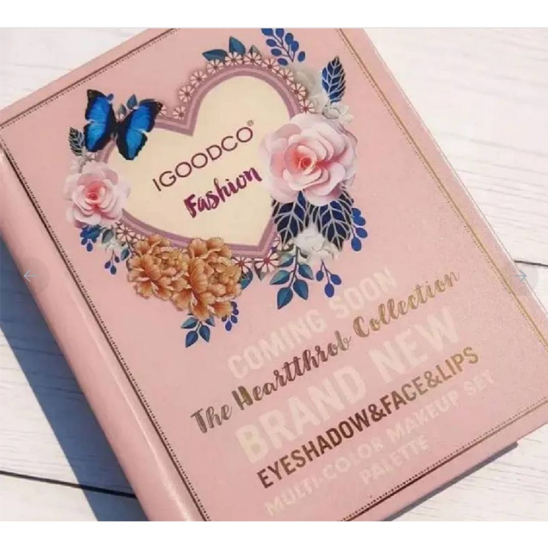 Makeup product packaging with floral design and 'IGoodco' branding on a light wooden surface.