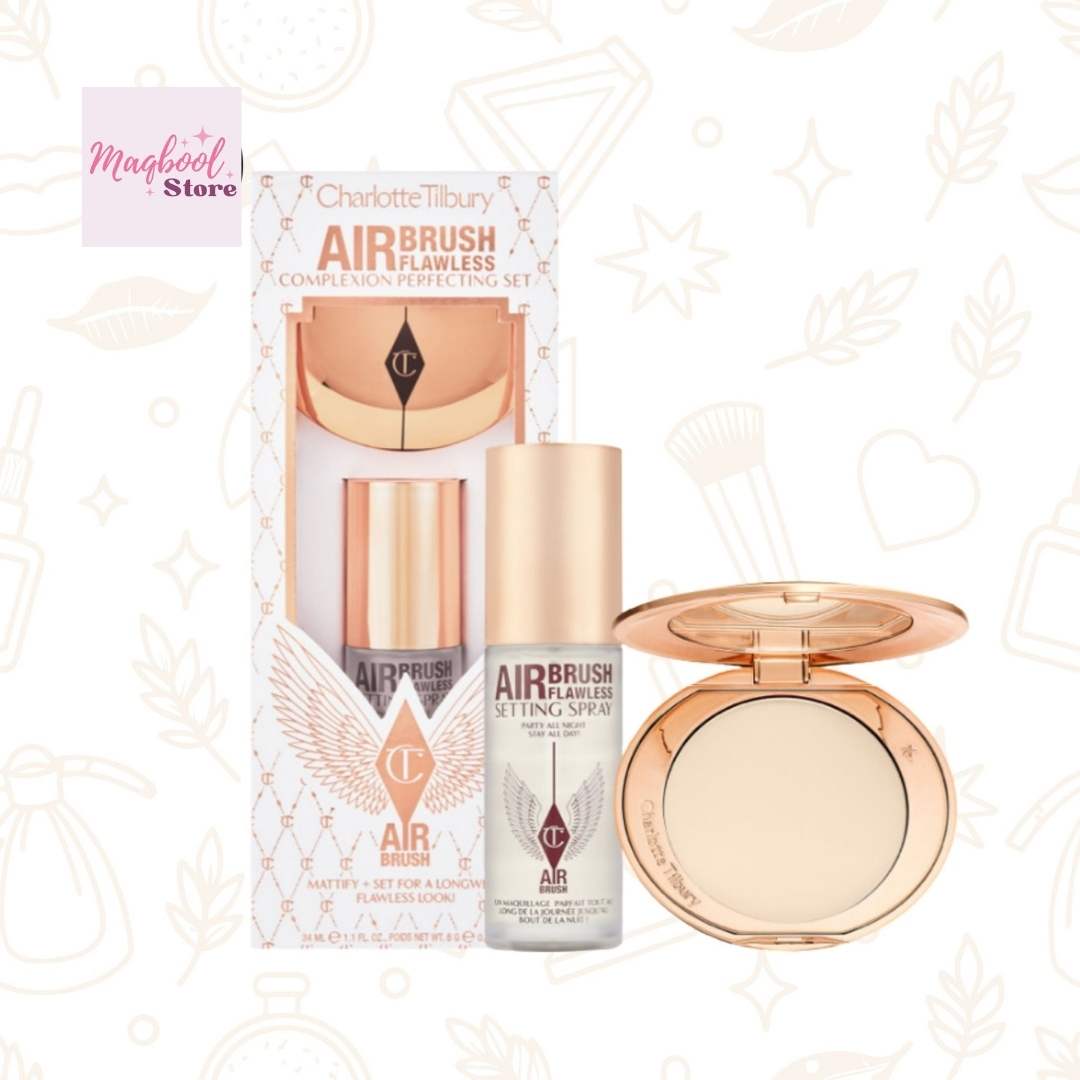 Makeup set with Airbrush Complexion Perfecting products on a decorative background