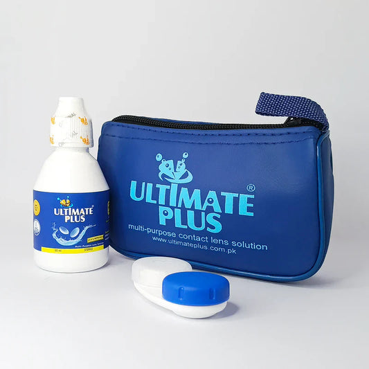 Ultimate Plus contact lens solution bottle and case on a white background at best price online sale in Pakistan