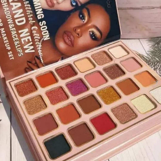 eye shadow Makeup palette with colorful shades on a wooden surface