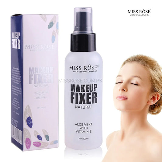 Miss Rose Makeup Fixer bottle and packaging with a model in the background at best price online sale in Pakistan