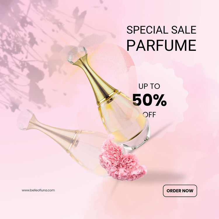Advertisement for a special sale on perfume with a pink background and a gold and clear perfume bottle. Branded perfumes in mirror shot – Maqbool Store premium fragrance collection