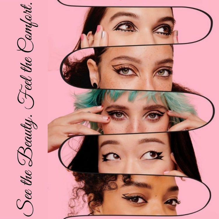 Close-up of five beautiful girls wearing premium coloured contact lenses showcasing natural shades, elegance, and soft glam look Maqbool Store Pakistan.