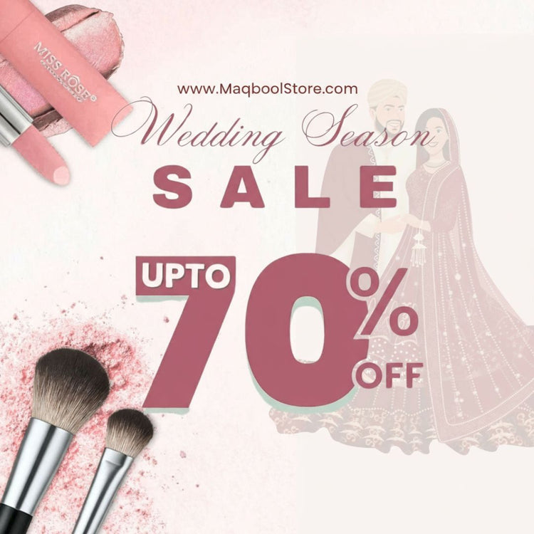 Promotional graphic for a wedding season sale with makeup items 70%_sale