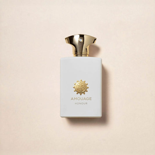 Amouage Honour perfume bottle on a beige background