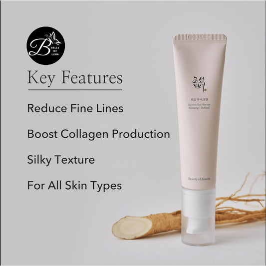 Beauty of Joseon EYE serum tube with key features listed on a light grey background at Maqbool store at best price online sale in Pakistan