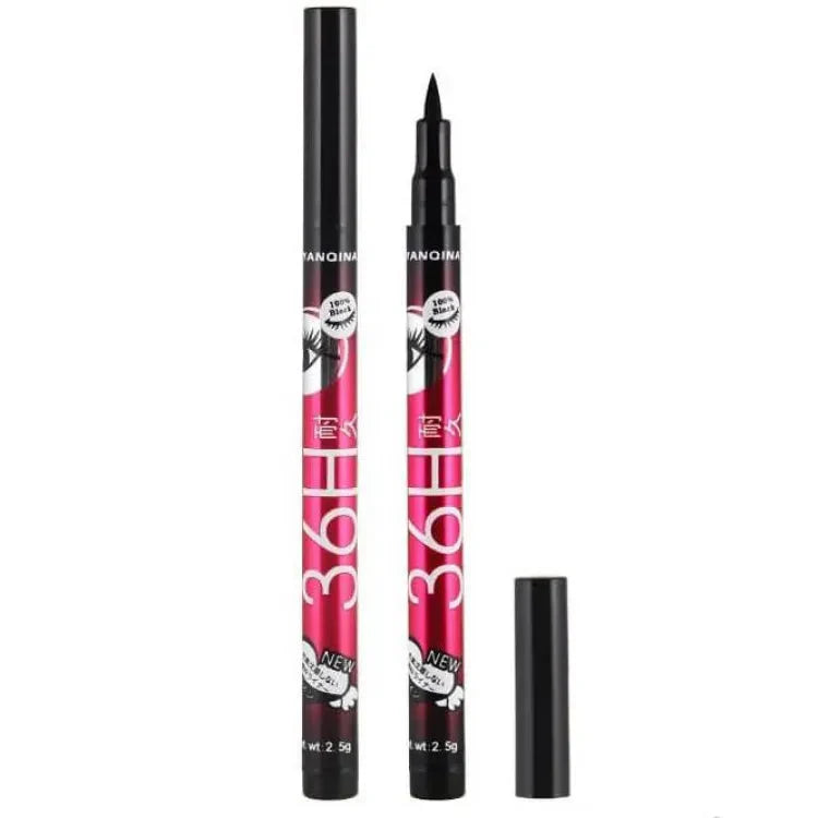 Black eyeliner pen with pink packaging on a white background