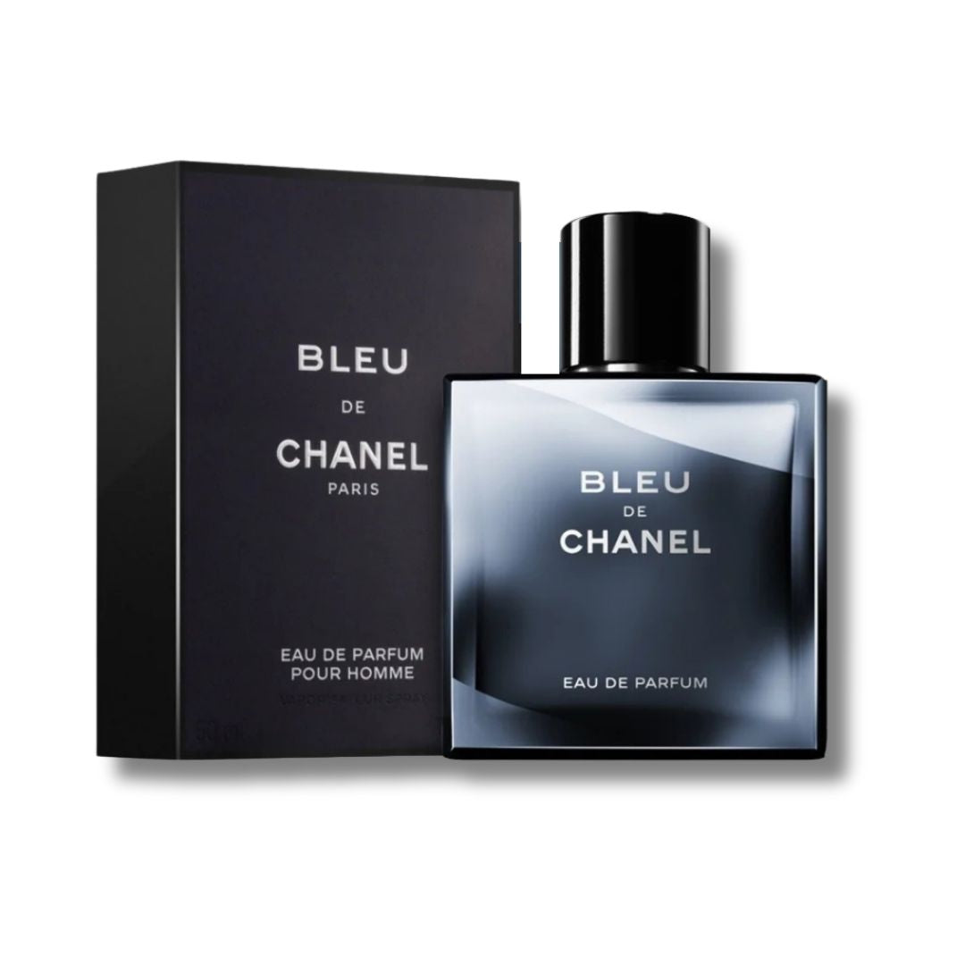 Bleu de Chanel Eau de Parfum bottle and packaging on a white background