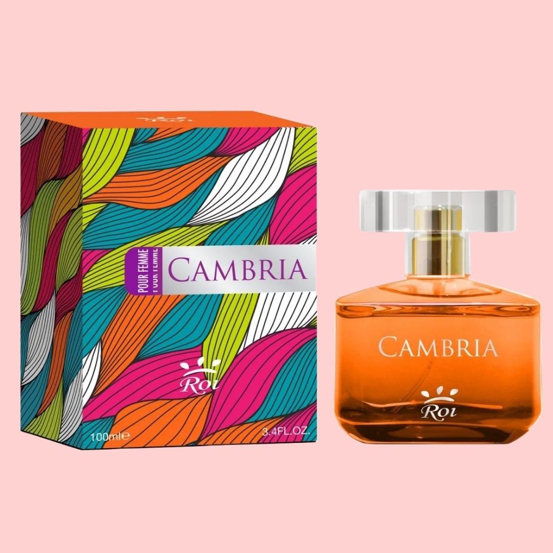 Cambria perfume bottle and colorful packaging on a pink background at best price online in pakistan