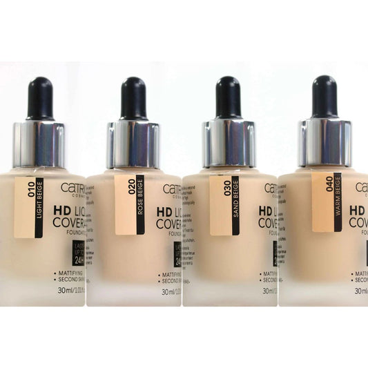 Four bottles of Catrice HD Liquid Cover foundation on a white background
