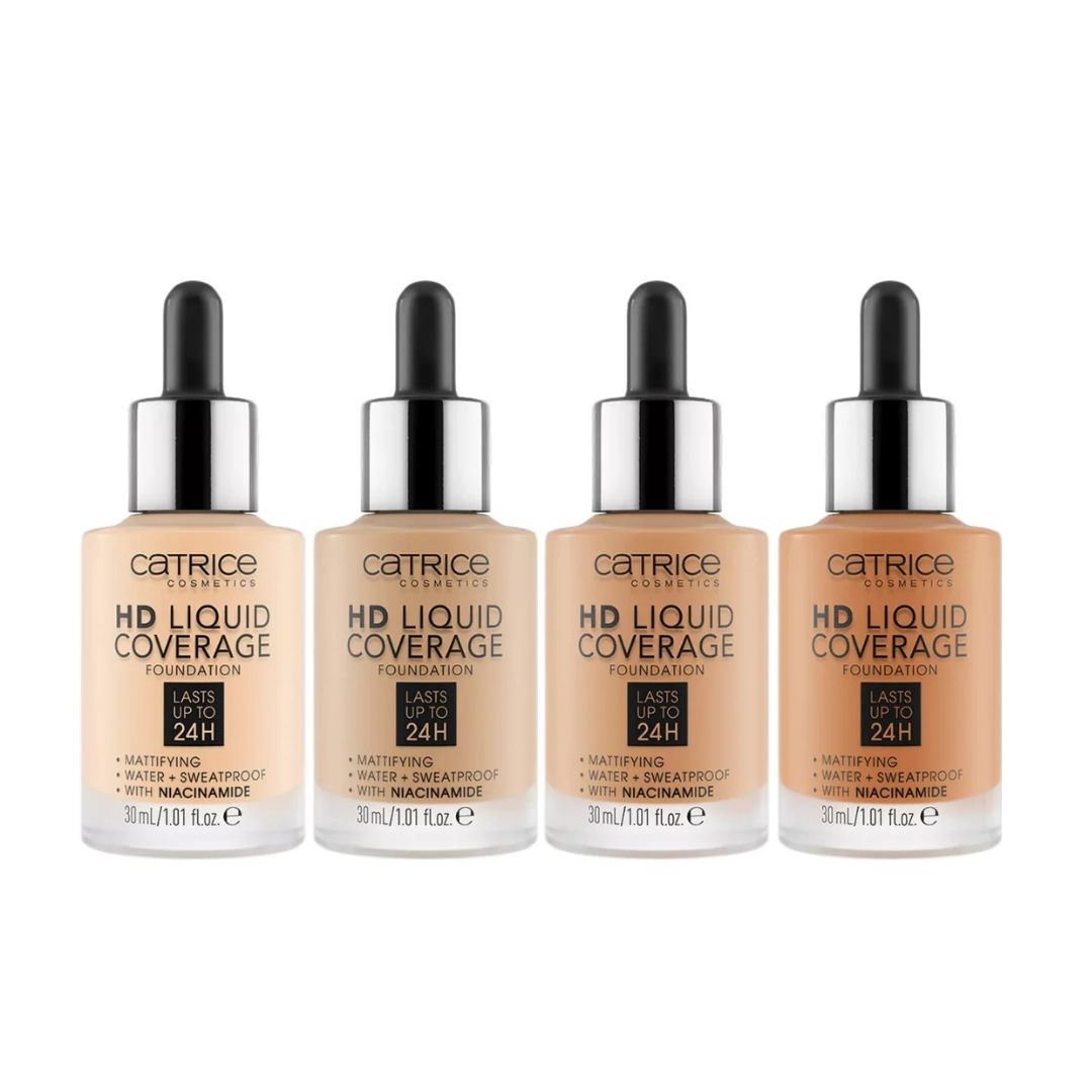Four bottles of Catrice HD Liquid Coverage foundation on a white background