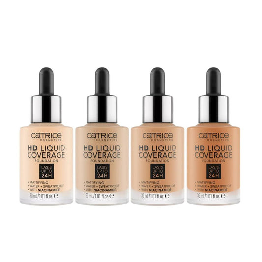 Four bottles of Catrice HD Liquid Coverage foundation on a white background