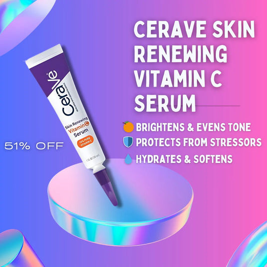 CeraVe Skin Renewing Vitamin C Serum tube on a colorful background with product benefits listed.