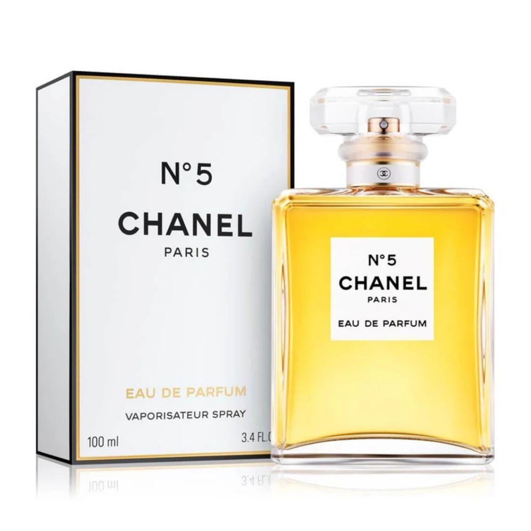 Chanel No 5 perfume bottle and packaging on a white background