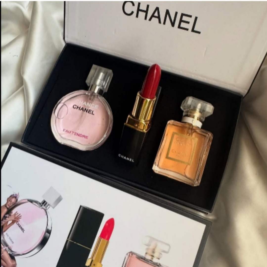 Chanel perfume set with lipsticks in a branded box