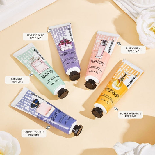 Collection of hand cream tubes with labels on a beige background