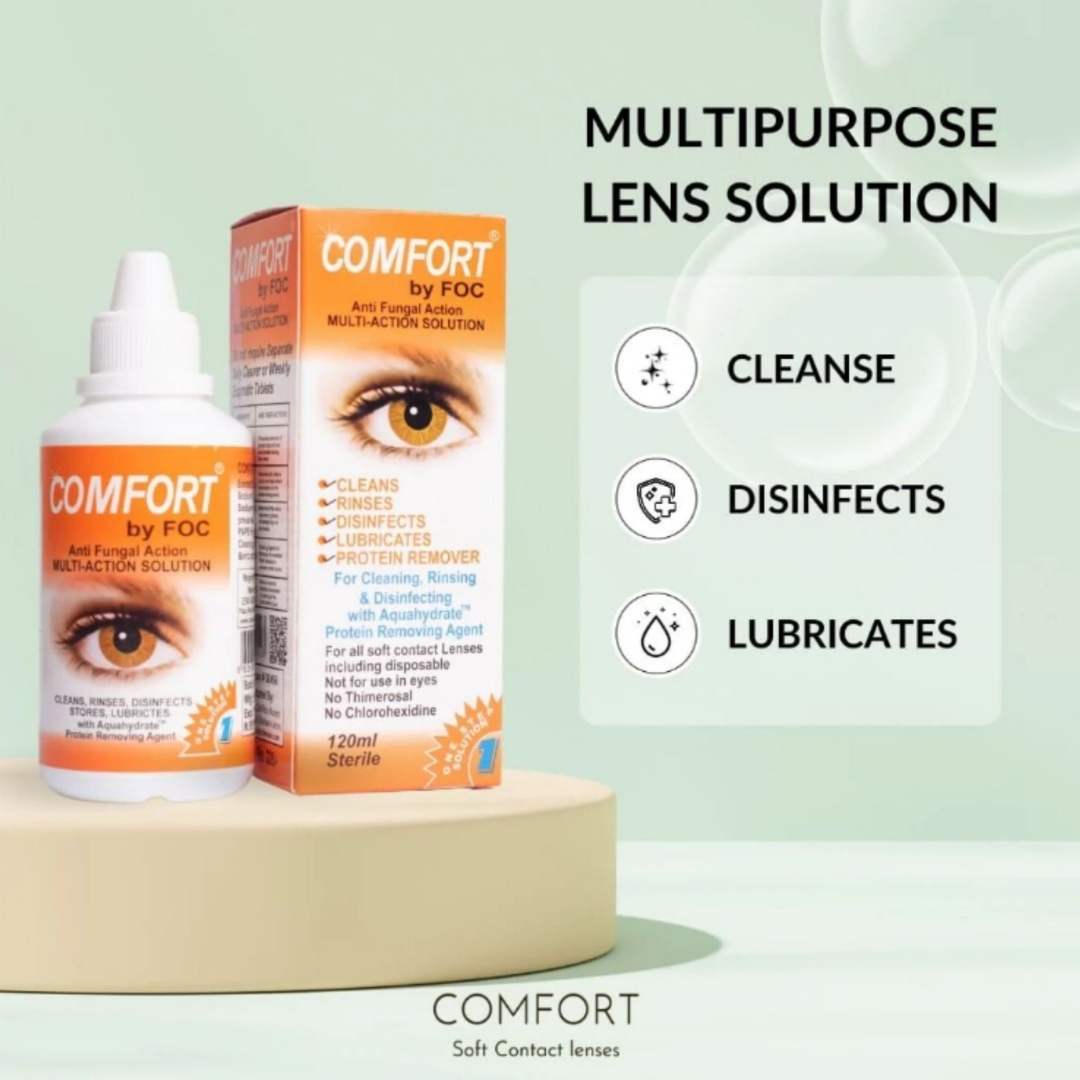 Comfort multipurpose lens solution bottle and box on a light green background