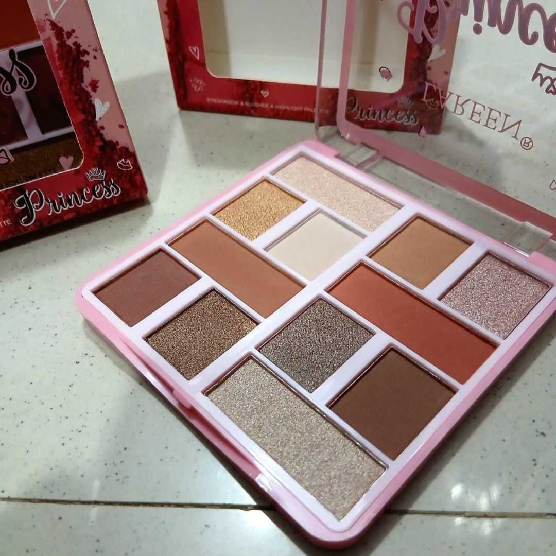 Makeup palette with various shades on a white surface, with 'Dance Queen' packaging in the background at Maqbool Store.