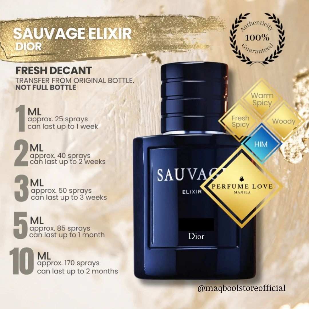 Dior Sauvage Elixir perfume bottle with usage information on a beige background