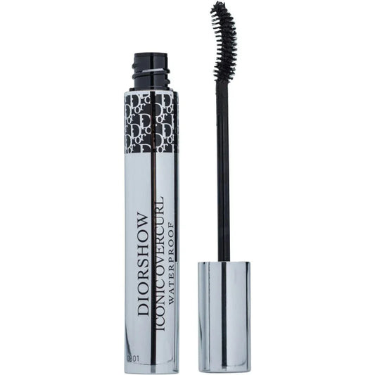 Diorshow Iconic Overcurl waterproof mascara with silver tube and black brush on white background