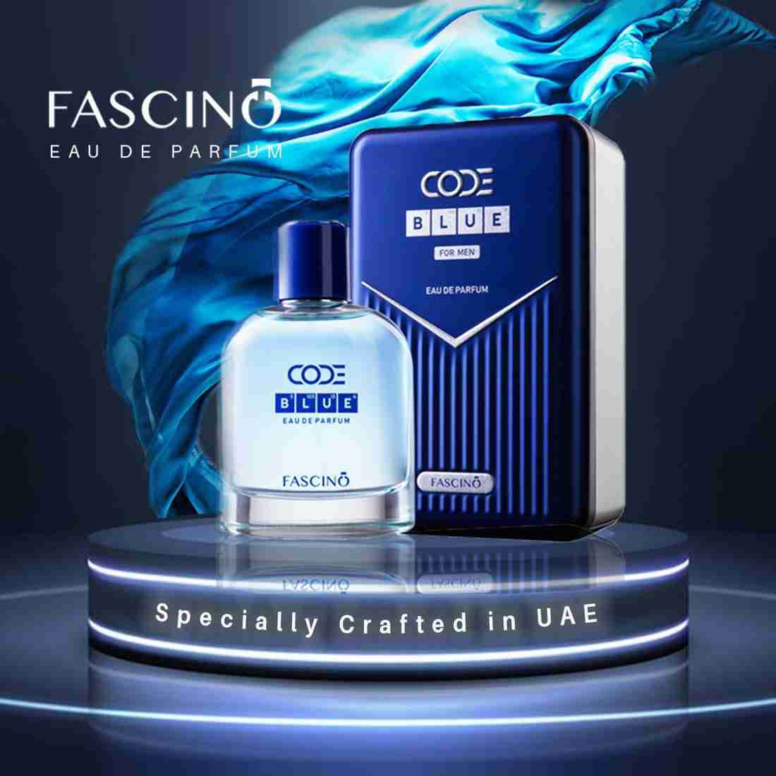 Fascino Code Blue Eau de Parfum bottle and packaging on a dark background at best price online 