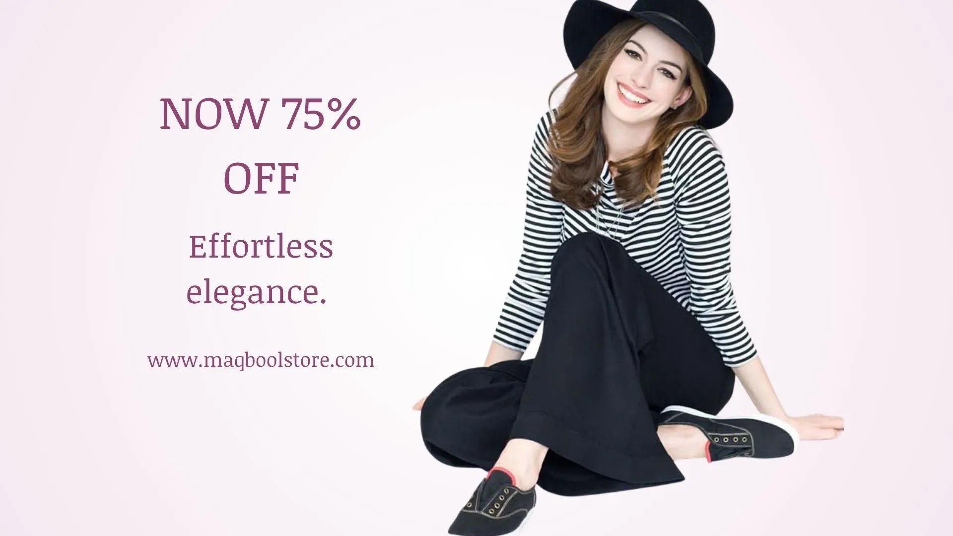 Woman sitting on the floor promotional text 75% off on contact lens on a light pink background.