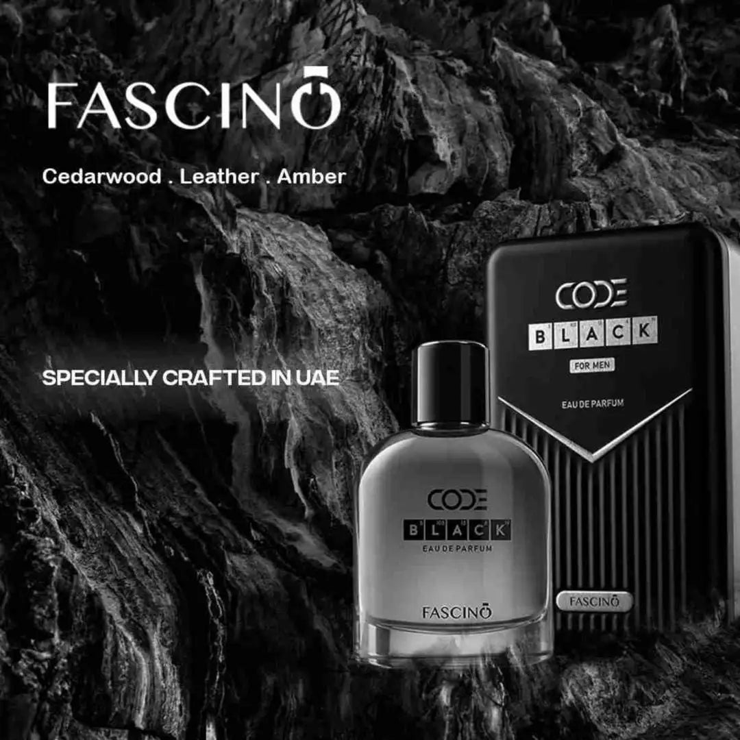 Fascino Code Black perfume bottle and packaging on a rocky background