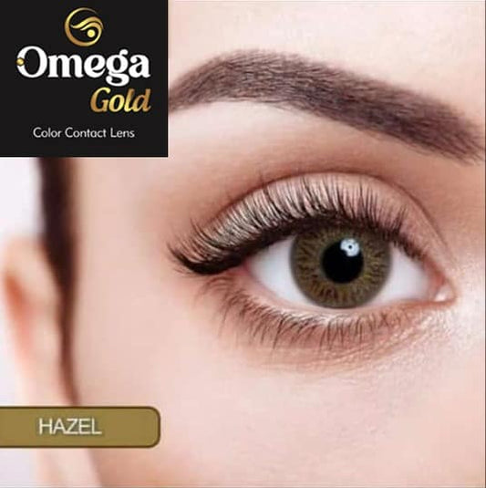 Close-up of an eye with Hazel contact lens color, featuring Omega Gold branding.