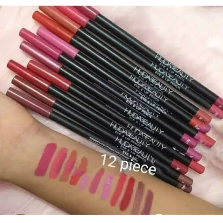 Huda Beauty lip pencils with swatches on a hand at best price online sale in Pakistan