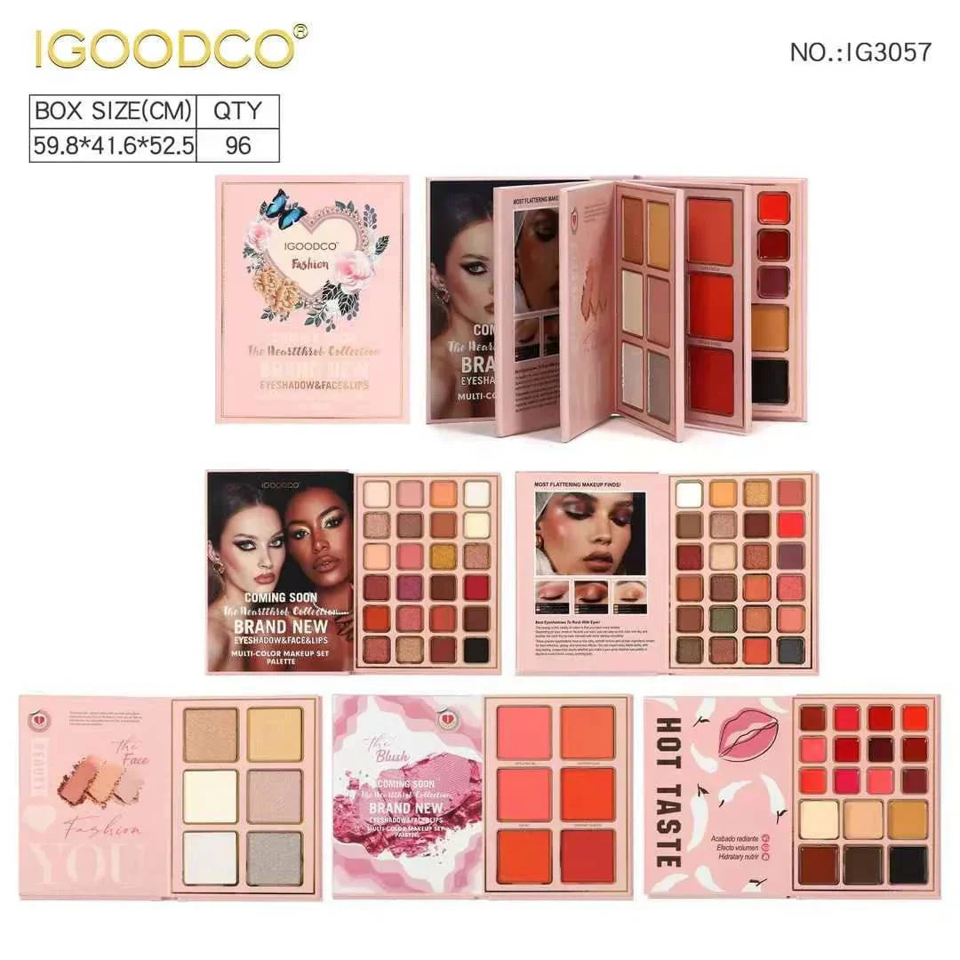 Collection of IGOODCO makeup palettes with various designs and colors on a white background.
