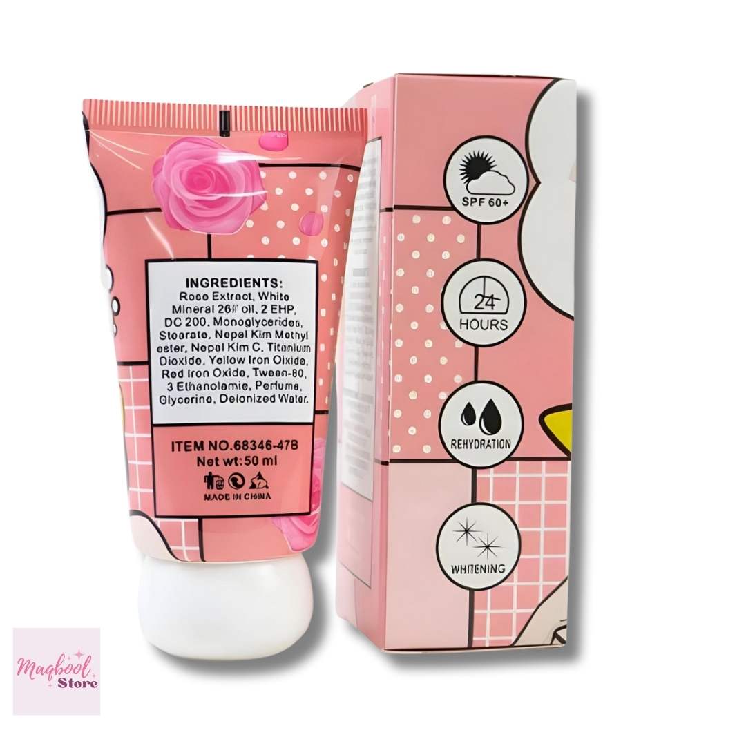 Karite_Rose_Sunscreen tube and packaging with ingredients list on a white background