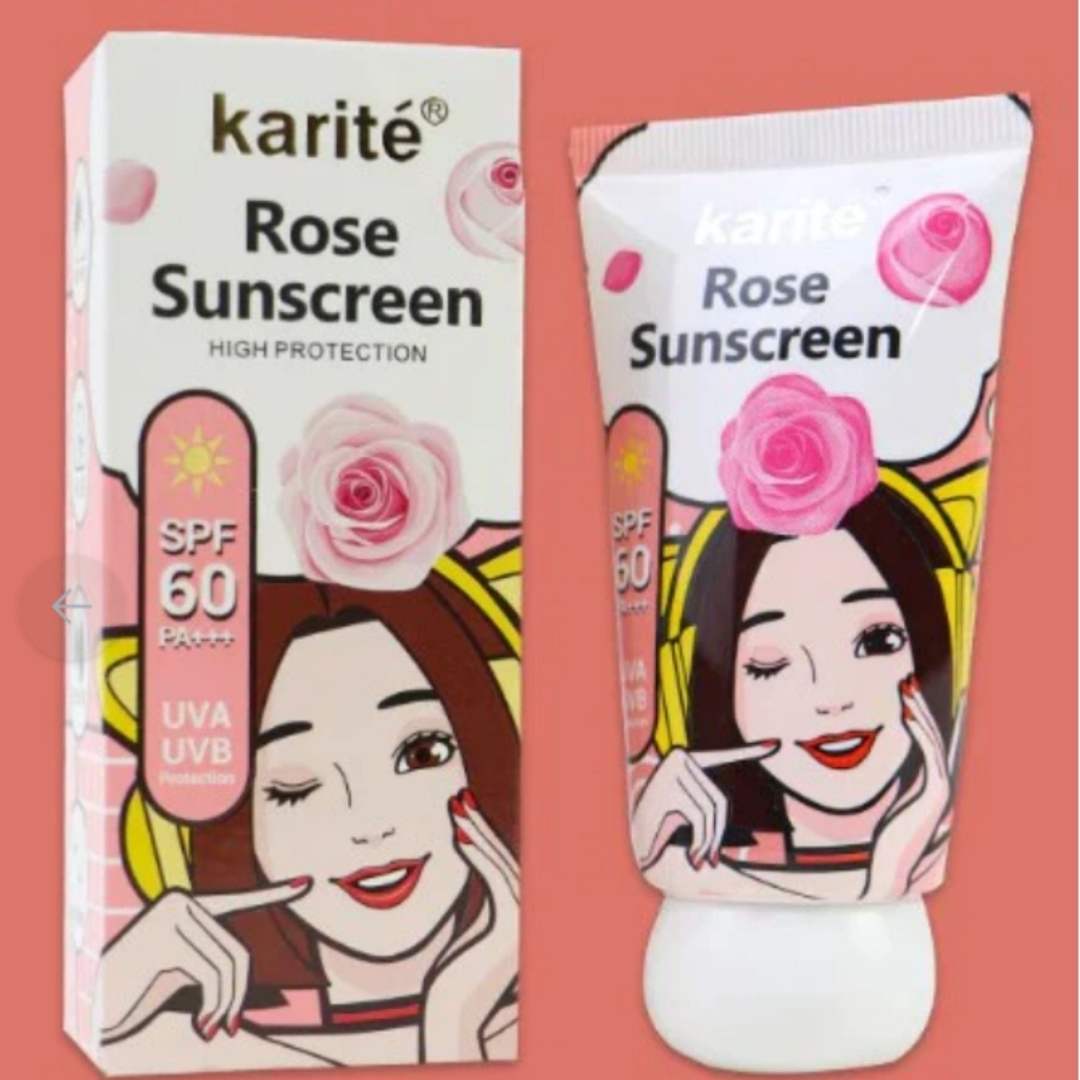 Karite Rose Sunscreen packaging with a cartoon character on a pink background