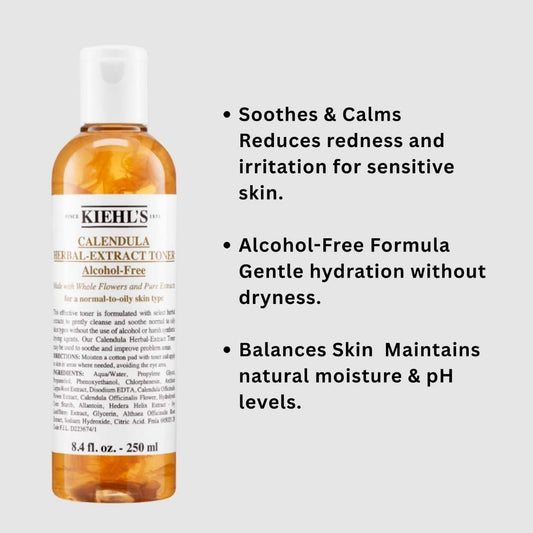 Kiehl's Calendula Herbal Extract Toner bottle with product benefits on a light gray background