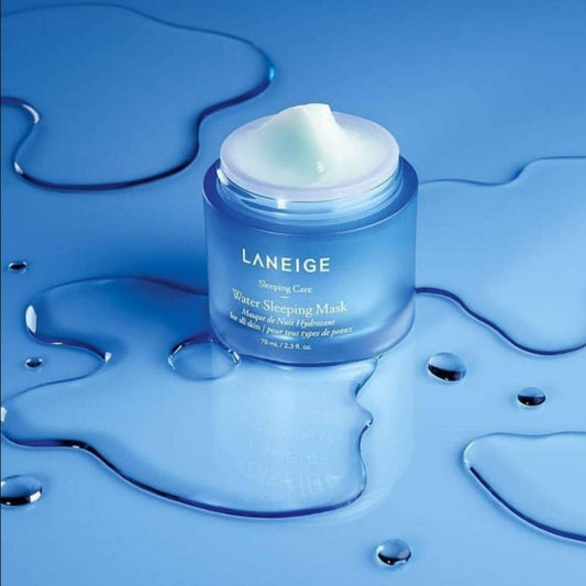 Laneige water sleeping mask jar on a blue background with water droplets
