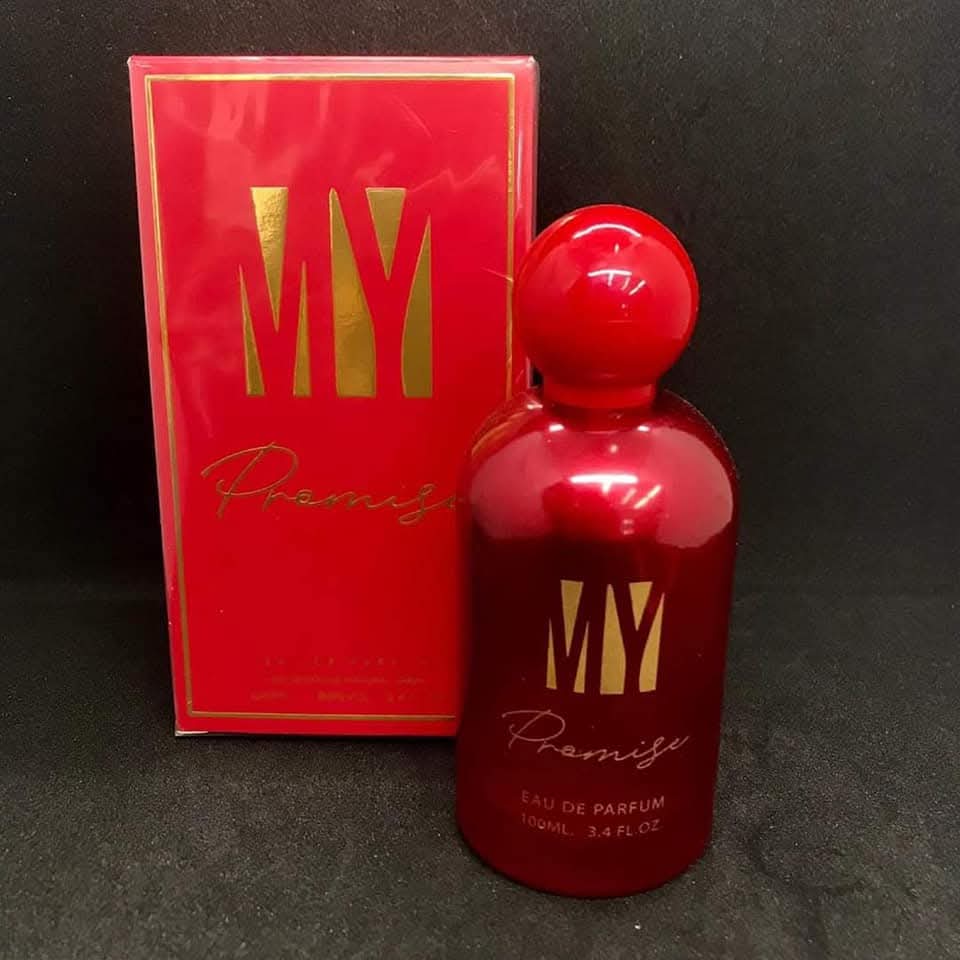 Red 'MY Promise' perfume bottle and packaging on a black background at best price online in Pakistan
