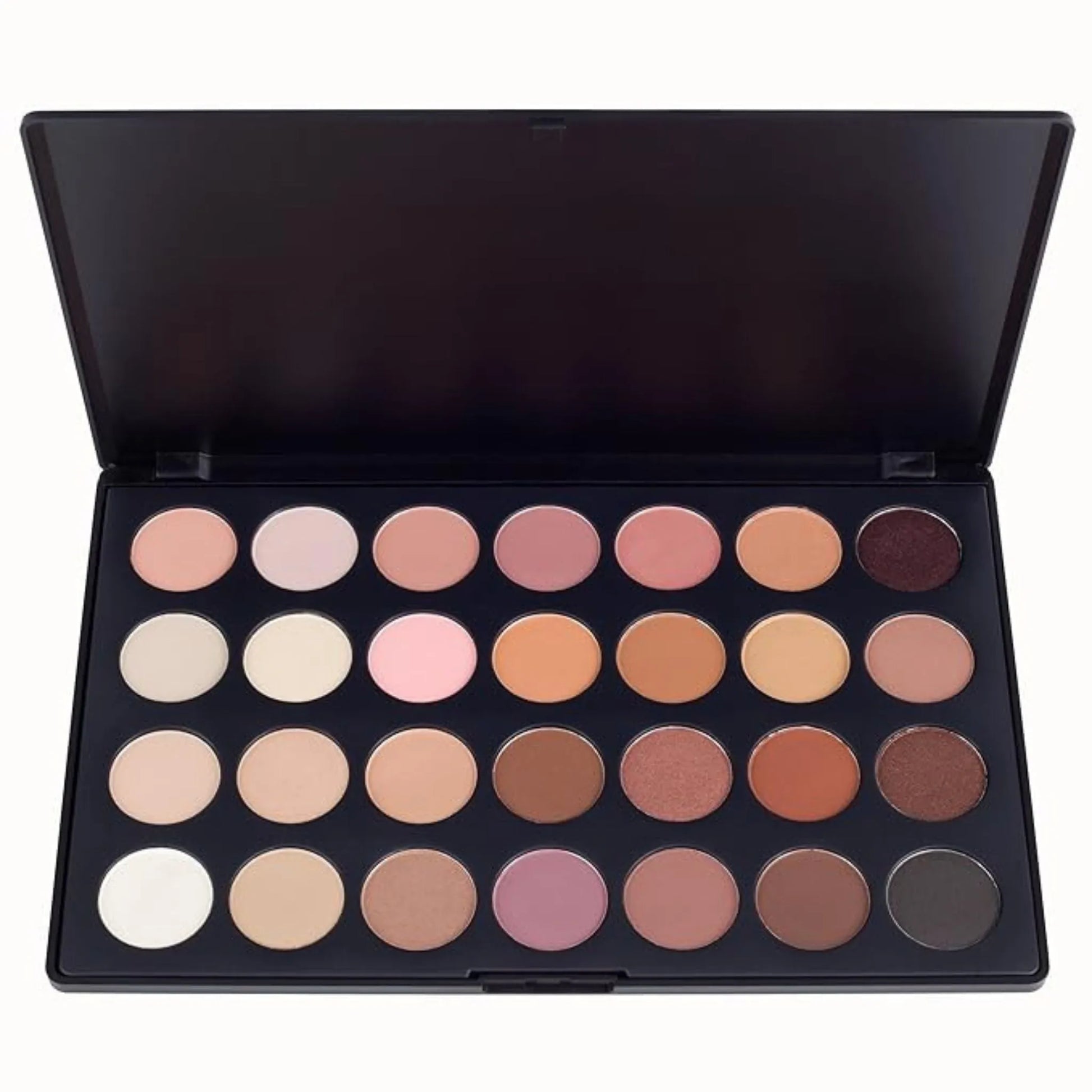 Makeup eye shadow palette with various shades of eyeshadows on a white background