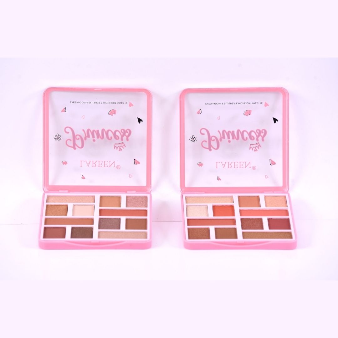 Makeup palette with pink case and color swatches on a white background