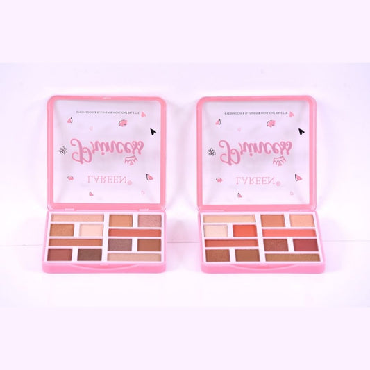 Makeup palette with pink case and color swatches on a white background