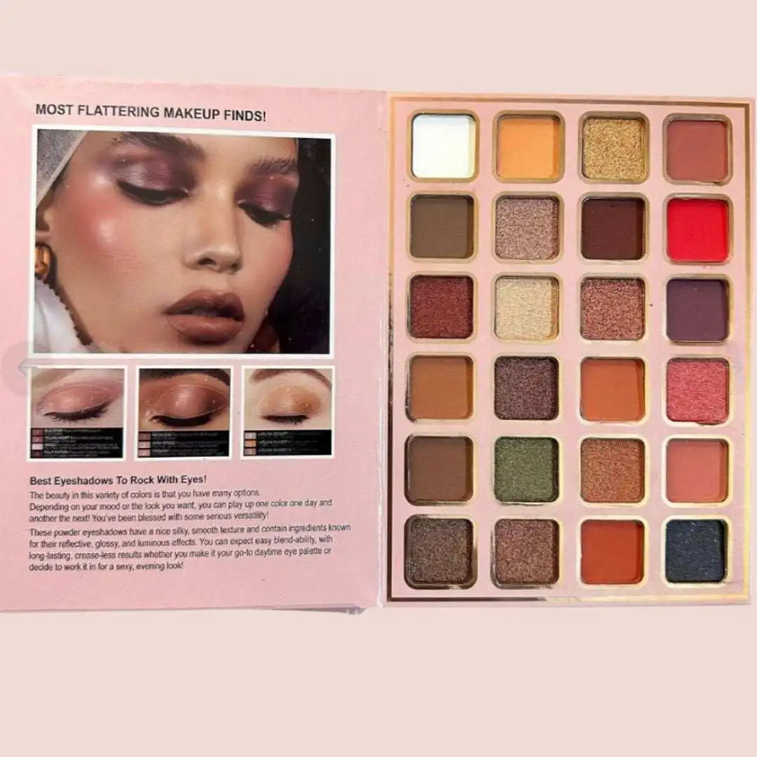 Makeup palette with eyeshadow shades and a model wearing makeup, on a pink background.