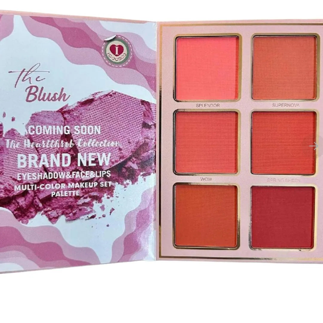 Makeup palette with blush colors and packaging on a white background