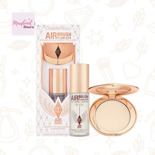 Makeup set with Airbrush Complexion Perfecting products on a decorative background