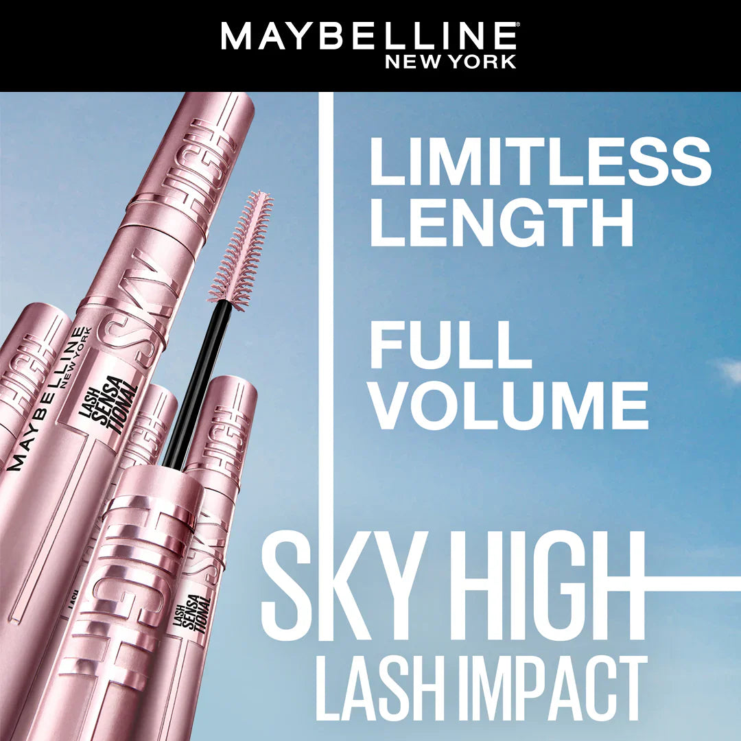 Maybelline New York mascara with product features on a blue sky background