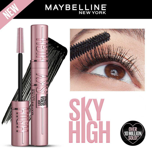 Maybelline Sky High mascara with packaging and application on an eye, featuring the brand name.