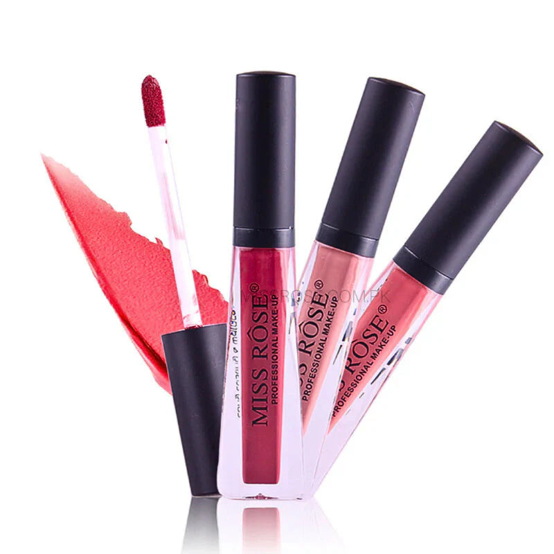 Three lip glosses with black caps and red shades on a white background, featuring the brand 'Miss Rose'.